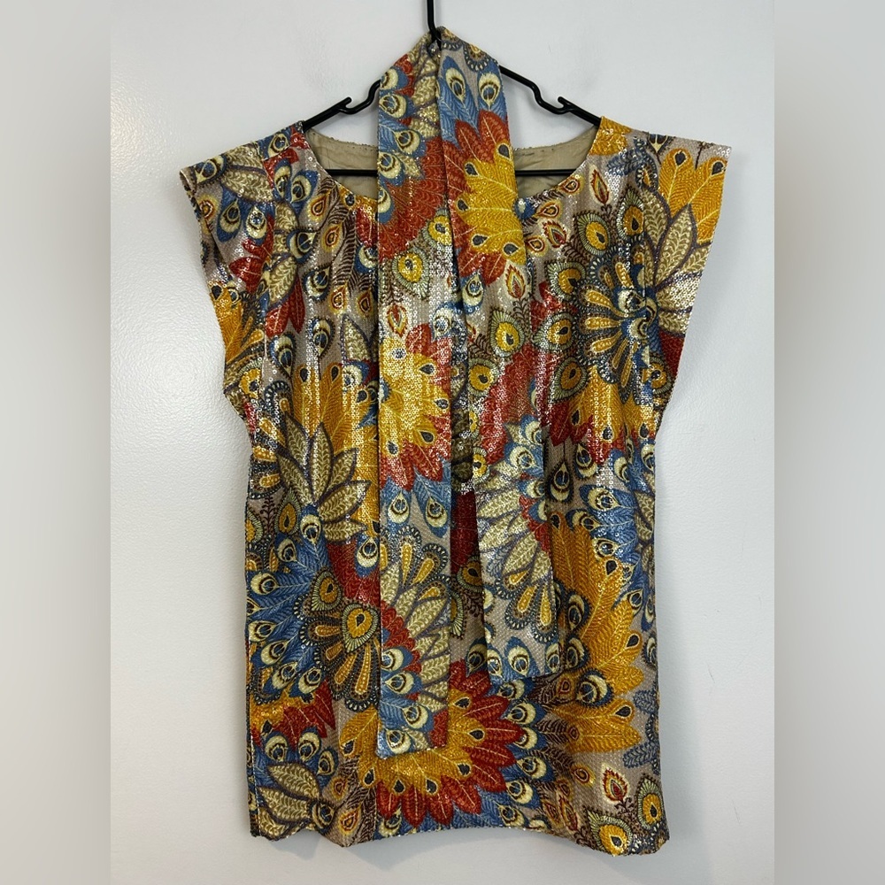 NWT Monique Leshman 100% Silk Colorful Sequin Peacock Belted Mini Dress Large